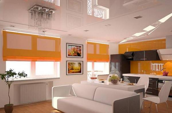 Использование при оформлении однокомнатной квартиры и квартиры-студии натяжных потолков с фото