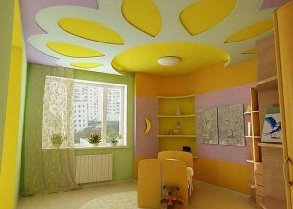 Различные варианты дизайна потолка из гипсокартона в детской комнате - фото