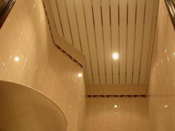 Применение в ванной подвесного реечного потолка с фото